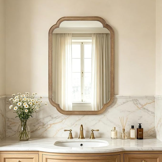 HOMECOOKIN Wood Bathroom Mirror for Wall Decor Arched Rounded Corner Rustic Wood Frame Wall Mirror Home Decorative for Vanity, Living Room, Bedroom, Entryway (20 x 30 inch, Honey A)
