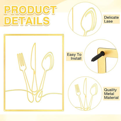 Otoolling 3 Pieces Metal Minimalist Line Kitchen Signs Wall Decor Drawing Rustic Kitchen Wall Art for Dining Living Room Home, 14 x 11 Inches(Dining Room,Gold)