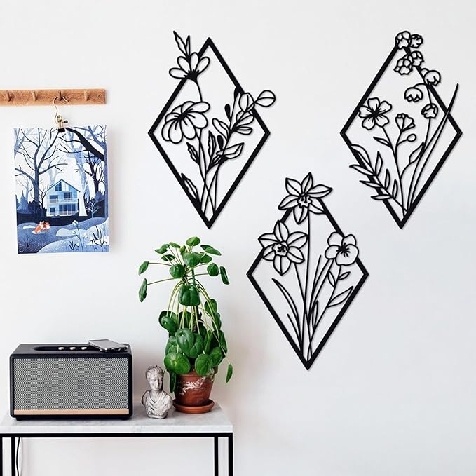 ShxTrade 3 Pcs Metal Flowers Wall Arts, Rustic Farmhouse Decor Minimalist Flower Wall Decors Natural Themed Home Decorations for Bathroom Kitchen Living Room Bedroom (Black)