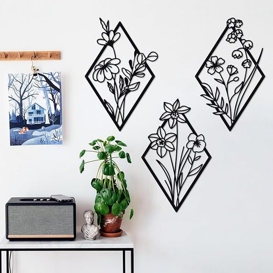 ShxTrade 3 Pcs Metal Flowers Wall Arts, Rustic Farmhouse Decor Minimalist Flower Wall Decors Natural Themed Home Decorations for Bathroom Kitchen Living Room Bedroom (Black)
