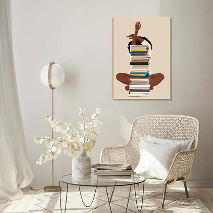 AKWISH Black Girl Canvas Wall Art - African American Wall Decor, Modern Black Woman with Book Art for Bedroom Living Room - Framed 12x16 inch