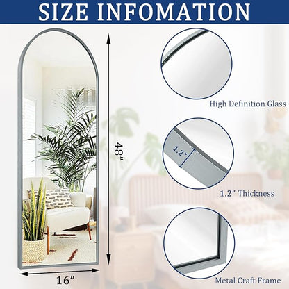 Arch Full Length Wall Mirror, 48"x16" Arched Wall Mounted Mirror, Metal Aluminum Frame Modern Simple Home Decor, Leaning Against Wall Mirror for Bedroom Living Room Cloakroom Gray