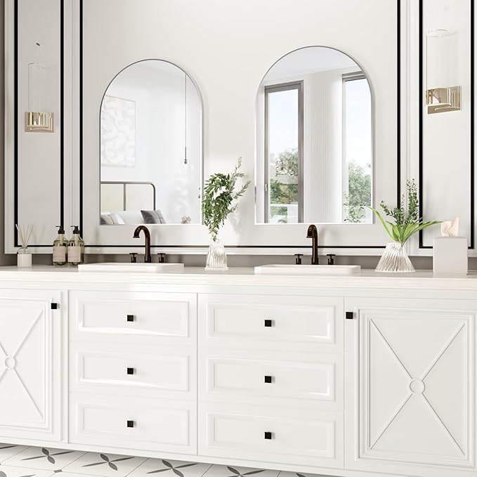 Wall Mounted Mirror, Arched Wall Mirror for Bathroom, 2 Pieces 24"x36" Arch Bathroom Mirror with Metal Frame, Silver Vanity Mirror Decor for Mantle, Bedroom, Entryway, Living Room