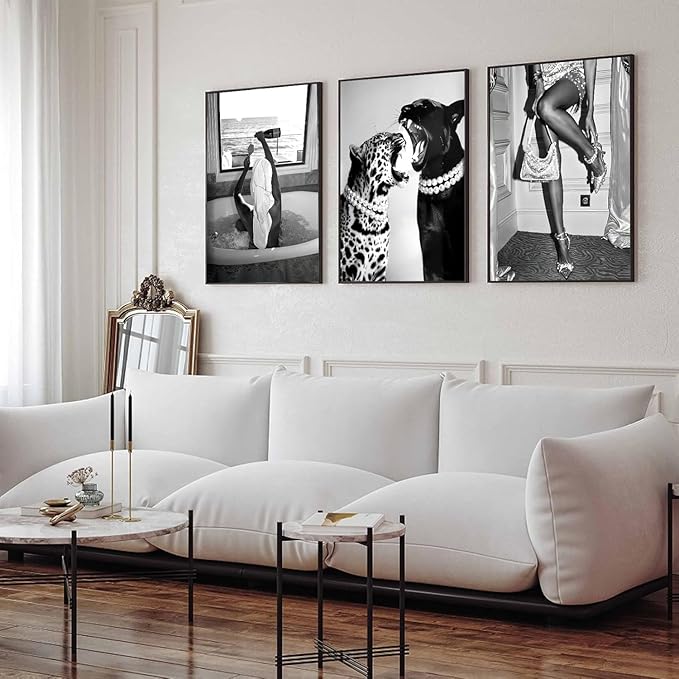 3Pcs Fashion Leopard Print Canvas Wall Paintings Funny Woman Drinking In Bathtub Paintings Print Black And White Photography Beautiful Chic Woman Preppy Postesr For Bedroom Hallway 12×16 Inch Unframed