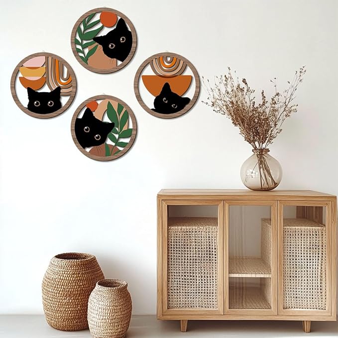 4PCs 3D Boho Cat Hanging Wooden Wall Art Wall Decor, Botanical Wall Decor Boho Room Decor, Cat Lover Gifts, Bohemian Wooden Sign Wood Art Wood Plaque Home Decor for Living Room Bedroom Farmhouse