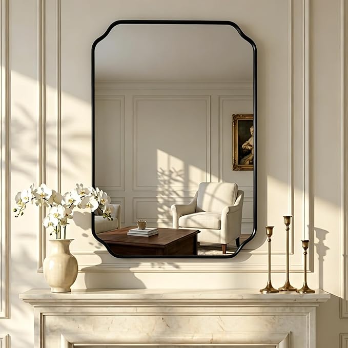 Black Wall Mirror 36"x24", Scalloped Edge Vanity Mirror - Hangs Vertically/Horizontally Decorative Bathroom Mirror for Vanity, Bedroom & Entryway, Aesthetic Bathroom Decor
