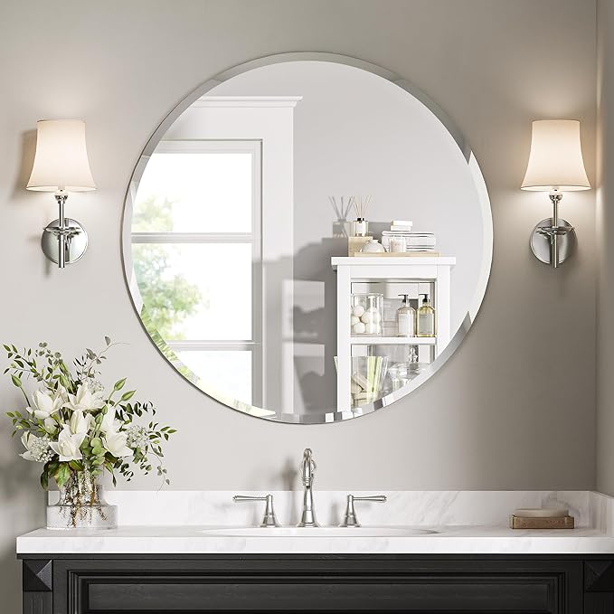 30 Inch Large Round Wall Mirror, Frameless Beveled Circle Mirror for Bathroom Vanity, Statement Decor Mirror for Living Room, Fireplace & Entryway, Solid Backed