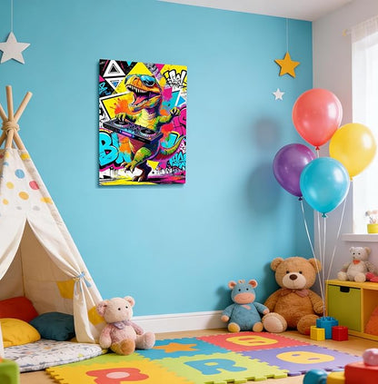 16x24 Inch Graffiti DJ Dinosaur Canvas Wall Art Prints, Colorful Music T-Rex with Turntable & Sunglasses Pop Decor, Vibrant Street Art for Teen Boy Game Room & Living Room, Funny Kids Bedroom Poster