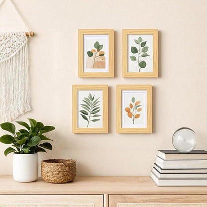Egofine 4x6 Picture Frames Natural Wood Frames with Plexiglass, Display Pictures 3x4.5 and 3.5x5 with Mat or 4x6 Without Mat Set of 4 for Tabletop and Wall Mounting