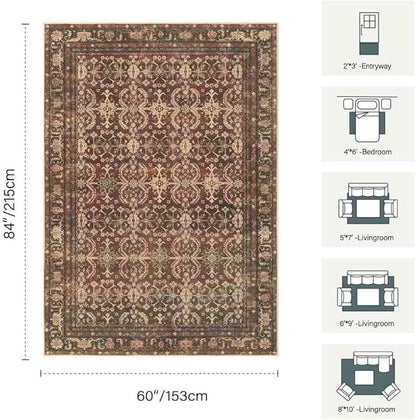 Rugxara Oriental 5x7 Area Rugs for Living Room Bedroom, Vintage Washable Christmas Rug, Red Boho Area Rug, Non Slip & Low Pile Faux Wool Carpet for Indoor Dining Room and Kids Room(Red 5x7ft)