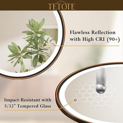 TETOTE Round Led Oil Rubbed Bronze Bathroom Mirror 36 Inch Circle Round Lighted Vanity Mirror with Lights for Bathroom Wall, 3 Color Stepless Dimmable, Anti Fog, Shatterproof, CRI 90+