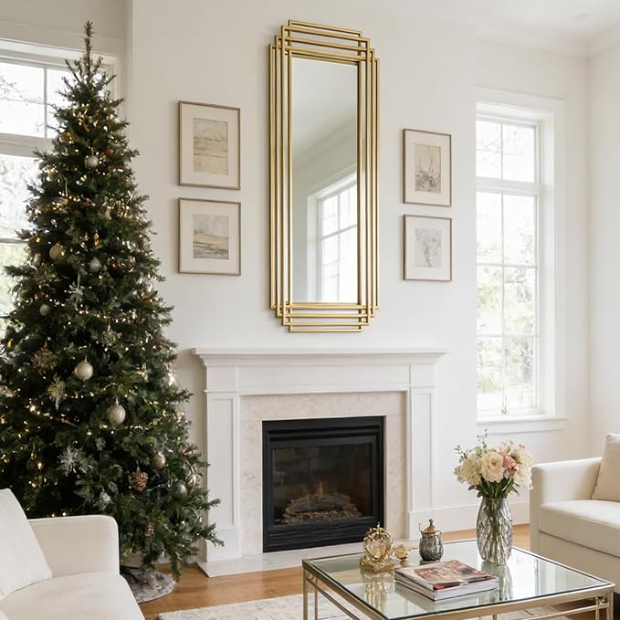 Geometric Wall Mirror, 63"x24" Large Rectangle Mirror with Gold Metal Frame, Modern Elegant Art Deco Mirror for Living Room Bedroom Entryway Hallway, Hangs Vertically or Horizontally