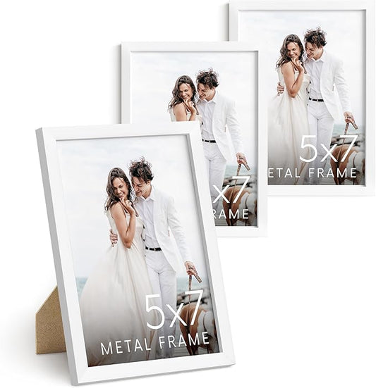 HAUS AND HUES 5x7 White Metal Picture Frames - Photo Frames 5X7 - Features Premium Aluminum, Vertical Hanging, Easel Back for Tabletop, Home, Office (5x7 in, White, Set of 3)
