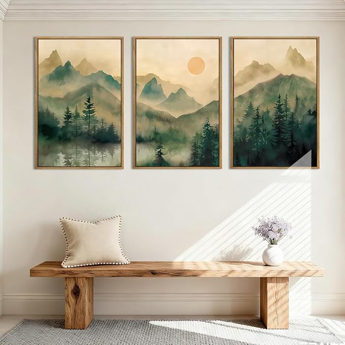 IARTTOP Extra Large Green Forest Wall Art 24x36 Inch Framed Foggy Mountain Canvas Art Prints Nature Landscape Wall Decor for Living Room Bedroom Office Set of 3
