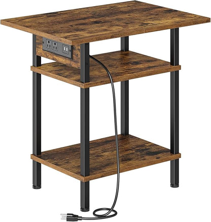 Asgolion Side Table with Charging Station, Skinny Nightstand with USB Ports and Outlets, 3 Tier Narrow End Table with Storage for Bedroom, Living Room, Office, Rustic Brown and Black