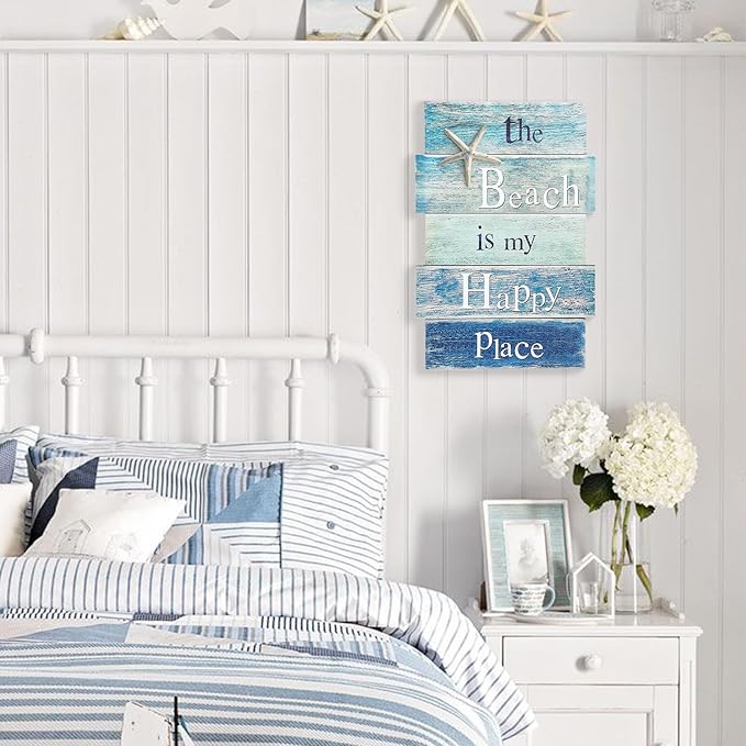 Coastal Wall Decor for Home, Beach Wall Art Wooden Hanging Sign with Starfish Element, Perfect Beach Themed Room Decor and Ocean Decor for Bathroom Bedroom Coastal Living Spaces 11.5" x 17"