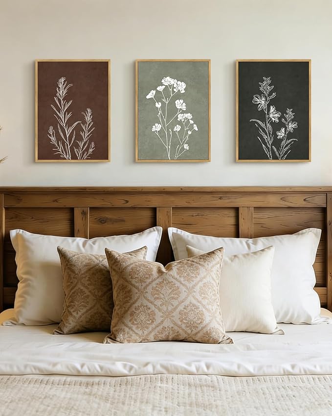 Drsoum Vintage Boho Flower Wall Art Framed Retro Botanical Floral Wall Prints Wildflower Neutral Rustic Bohemain Artwork Kitchen Bedroom Ready to Hang 11x14in Natural Framed