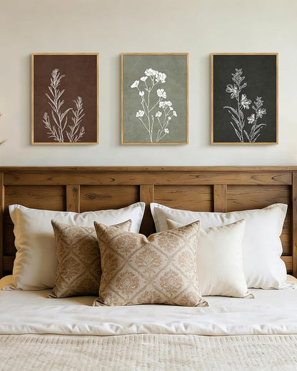 Drsoum Vintage Boho Flower Wall Art Framed Retro Botanical Floral Wall Prints Wildflower Neutral Rustic Bohemain Artwork Kitchen Bedroom Ready to Hang 11x14in Natural Framed