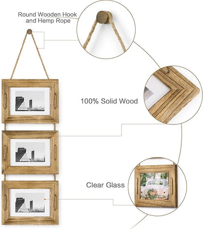 DLQuarts 5x7 Hanging Picture Frames Collage Wall Decor, 3-Opening Photo Frames 5x7 without Mat & 3.5x5 with Mat, Rustic Wood, Carbonized Black