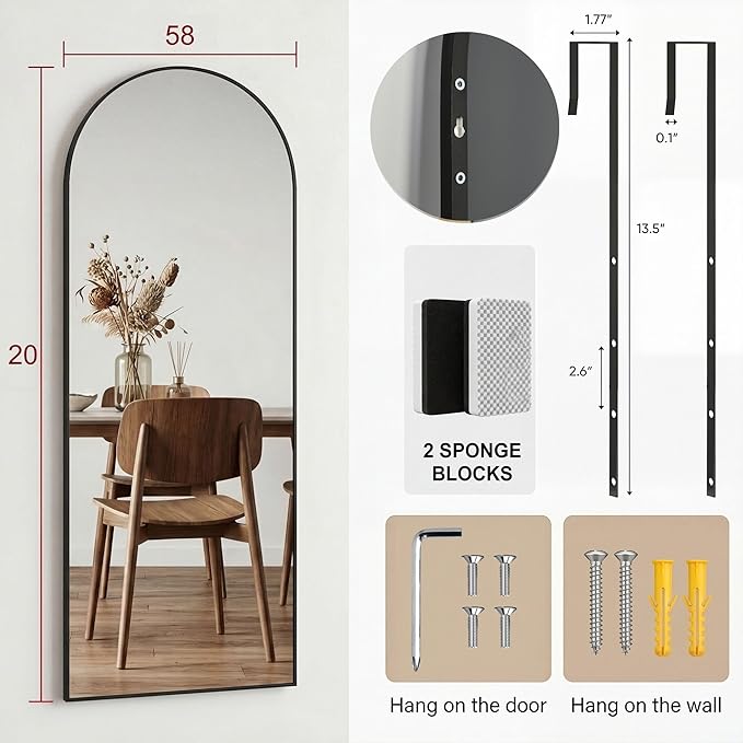 58"x20" Arched Full Length Door Mirror, Over-the-Door Hanging, Floor Standing, Wall Mounted or Leaning, Metal Frame Body Mirror for Bedroom, Living Room, Closet, Dorm, Black