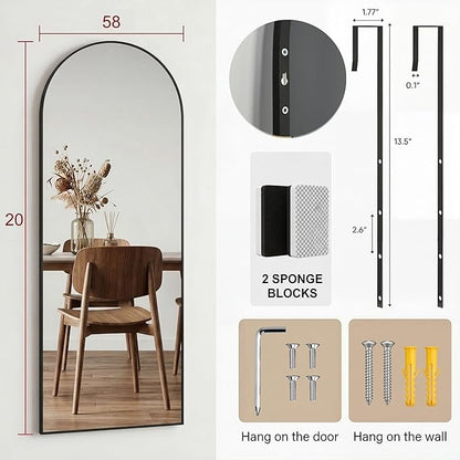 58"x20" Arched Full Length Door Mirror, Over-the-Door Hanging, Floor Standing, Wall Mounted or Leaning, Metal Frame Body Mirror for Bedroom, Living Room, Closet, Dorm, Black