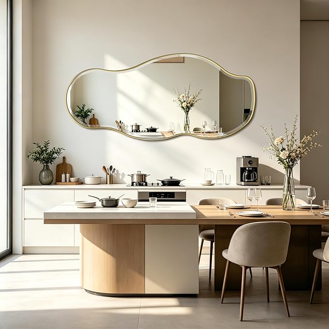 POZINO Large Irregular Mirror, 63"x28.5" Asymmetrical Metal Frame Mirror with Beveled Edge, Premium Organic Wall Mirrors for Living Room Bedroom Hallway Entryway, Horizontal/Vertical Hanging