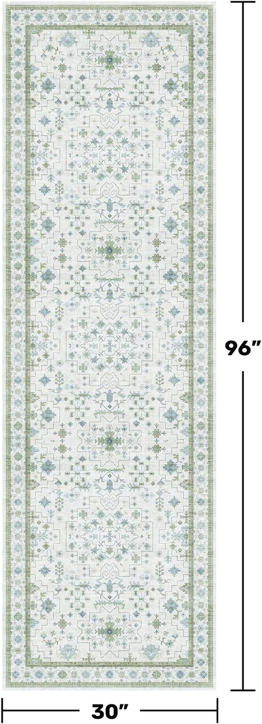Hazo Haus Oushak Wide Hallway Runner Rug 2'6"x8' - Vintage Turkish Floral, Washable Low Pile Non Slip Extra Long Runners for Kitchen, Hall Way - Cream Blue and Green