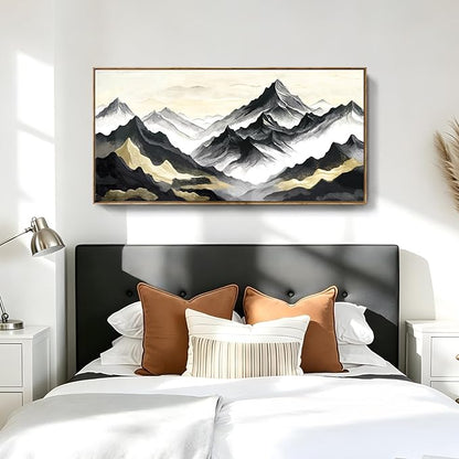 Large Framed Contemporary Black White And Gold Living Room Wall Art, Canvas Print Of Landscape Mountains; Unique Abstract Natural Artwork For Bedrooms, Offices, Studies, Entryways, And Living Rooms. 48X24 Inches.