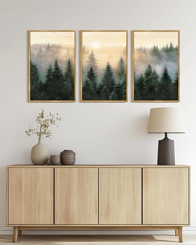 Drsoum Green Fog Pine Tree Landscape Wall Art Framed Nature Misty Nordic Forests Prints Morden Farmhouse Rustic Artwork Hallway Bedroom Ready to Hang 24x36in Natural Framed