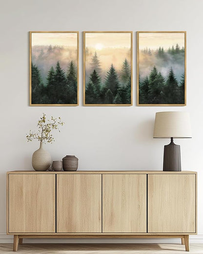 Drsoum Green Fog Pine Tree Landscape Wall Art Framed Nature Misty Nordic Forests Prints Morden Farmhouse Rustic Artwork Hallway Bedroom Ready to Hang 24x36in Natural Framed