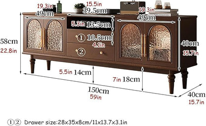 TV Stand TV-Console Table, Solid Wood TV Stands, 59×15.7×22.8in, Tempered Glass Door, Modern Entertainment Center, Tv Cabinet with Drawers, TV Table, for Living Room, Bedroom(Black B)