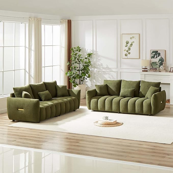 Antetek Teddy Sofa Set for Living Room, Modern Deep Seat Sofa Chair and Oversized 3-Seater Cloud Boucle Couch for Bedroom, Office, Apartment, Furniture Set, Green (2 Piece)