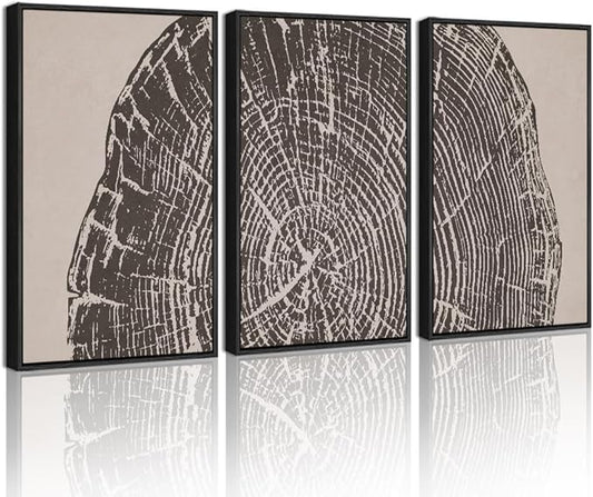 PHOPAGO Farmhouse Vintage Framed Wall Art Set Gray Wood Tree Ring Spirals Nature Abstract Drawings Rustic Modern Art Decor for Living Room Bedroom - 11x14in Black Framed