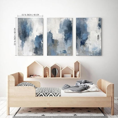 Zessonic Abstract Navy Blue Grey Framed Canvas Wall Art - Modern Minimalist Paintings Brush Stroke Artwork for Home Decor, Living Room Bedroom Office - 16x24 Inch Set of 3