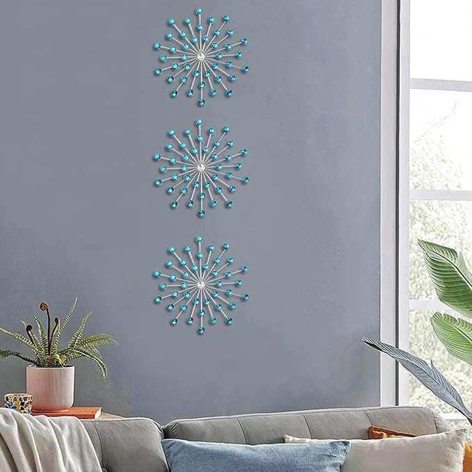 DXYAKY Set of 3 Blue Metal Starburst Wall Art Decor, Rhinestone Crystal Home Decor Accents, 9.8 Inch Decorative Wall Hanging Diamond, Jeweled Sparkle Wall Sculptures for Living Room Bedroom