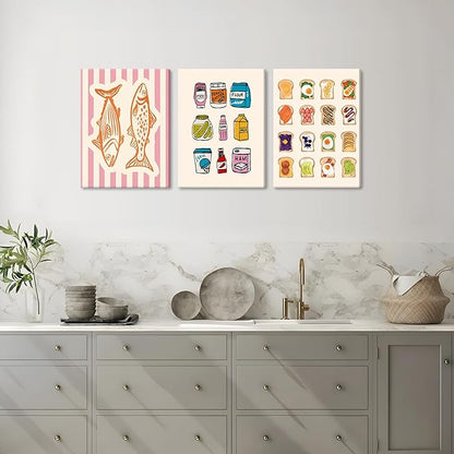 Cute Funny Kitchen Wall Art Set of 3, Fashion Breakfast Food Avocado Toast Canvas Prints Poster, Vintage Simple Sardines Watercolor Picture for Dining Room Kids Room Wall Decor 16x24 Inch Framed