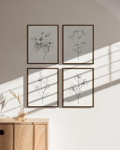 HAUS AND HUES Grey Floral Wall Art - Set of 4 Plant Posters for Wall Vintage, Botanical Prints, Black and White Flower Pictures for Room Aesthetic, Farmhouse Bathroom, Rustic Art (Walnut Frame, 8x10)