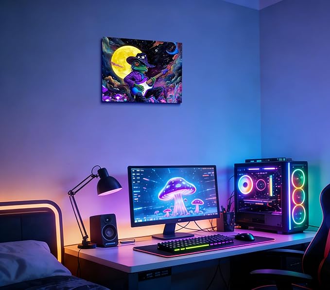 12x16 Trippy Space Purple Frog Canvas Wall Art, Watercolor Framed Outer Funny Guitar Player Kids Sci-fic Room Decor Teen Boy Bedroom Cool Posters Children Home Prints Painting for Living Room Bathroom