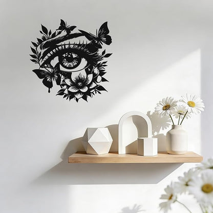 JEWLOVE Eye with Butterfly & Flowers 3D Metal Wall Art - Black Metal Butterfly Wall Decor, Rustic Nature Themed Wall Sculpture for Living Room, Bedroom, 12.4" x 12.4"