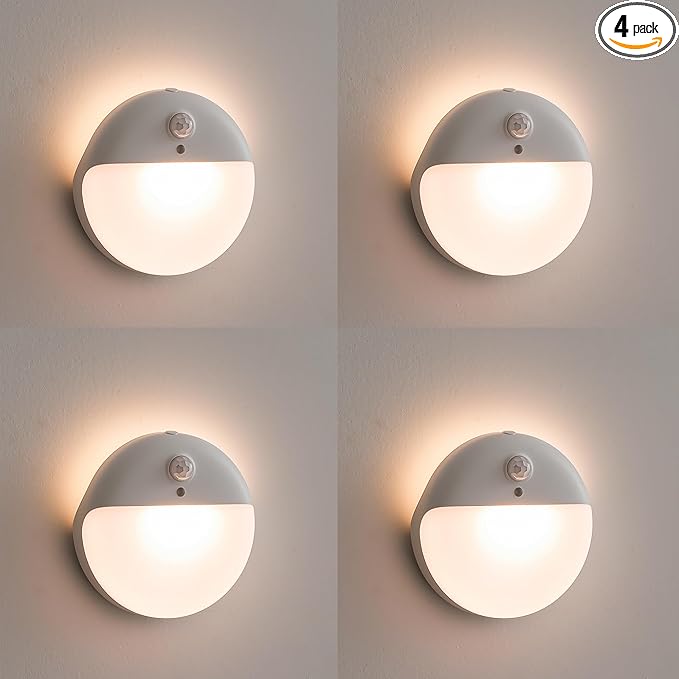 YUNLEX 4 Pack Stair Lights Indoor, 2.6" Small Stick on Lights, Dimmable Motion Sensor Night Light, 3 Light Modes, Portable Battery Night Light for Corners, Cabinet, Toilet, Bedroom, Kids, Warm White