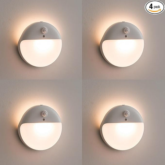 YUNLEX 4 Pack Stair Lights Indoor, 2.6" Small Stick on Lights, Dimmable Motion Sensor Night Light, 3 Light Modes, Portable Battery Night Light for Corners, Cabinet, Toilet, Bedroom, Kids, Warm White