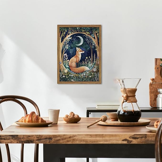 Framed 3D Textured Vintage Wall Art - Cottagecore Hand Drawn Sandstone Fox Paintings Wall Decor, Whimsical Forest Animal Floral Botanical Aesthetic for Bedroom Living Room Nursery 16x24 inch