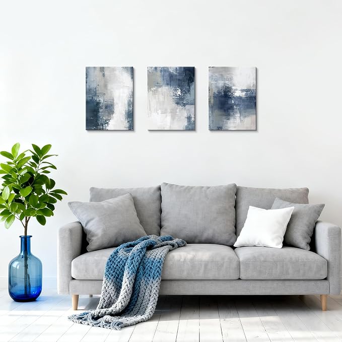 WENGTIAO 3 Pcs Navy Blue Abstract Canvas Wall Art Prints Modern Minimalist Blue Gray Artwork for Walls Framed White Neutral Poster Paintings Decor for Living Room Bedroom Bathroom Office 12x16x3Pcs