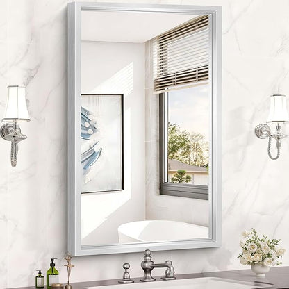 40x24 Silver Bathroom Mirror, Brushed Silver Rectangular Mirror for Wall, 0.6" Thickened Deep Frame Mirrors for Bathroom Sink, Shatterproof Tempered Glass, Antirust, Horizontally or Vertically