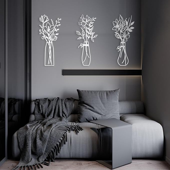Zzbakress 3 Pcs Metal Flowers Wall Arts Rustic Farmhouse Decor Bathroom Wall Decor Metal Wall Decor for Living-room Dining-Room Kitchen Minimalist Decor Housewarming Gifts(White)