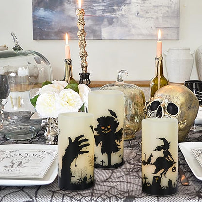 Halloween LED Flameless Pillar Candles Battery Operated Remote and Timer Real Wax Yellow Light Flickering Scarecrow Witch Ghost Hand Decals Halloween Candles Decoration Gifts(3 x 6 Inches)