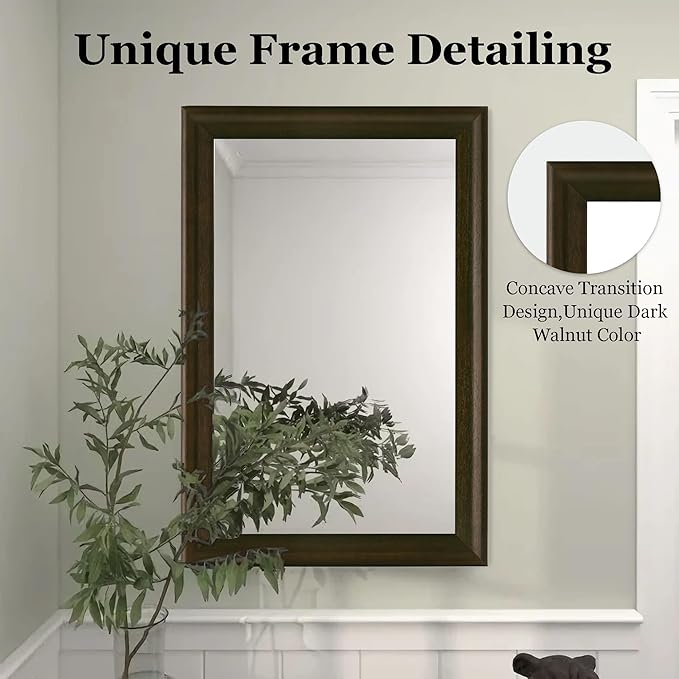 CULER Rustic Wood Wall Mirror for Bathroom,Rectangle 24 x 36 inch Hanging Black Mirrors with Wooden Frame for Living Room,Bedroom,Entryway(Dark Walnut)