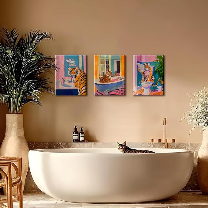 Funny Tiger Bathroom Wall Art Set of 3 Whimsical Tiger in Bathtub Canvas Wall Decor Painting Maximalist Animal Bathroom Poster Print Aesthetic 16x24 inch Framed