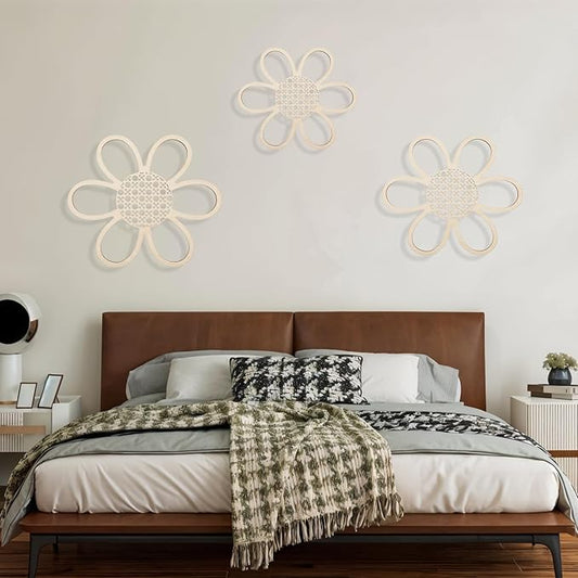 HJZHII 3 Pcs Boho Daisy Wall Decor, Daisy Flower Wall Hanging Pendant Boho Wooden Flower Decors Nursery Art Sign Decor for Home Bedroom Farmhouse Bathroom Office Housewarming Gifts