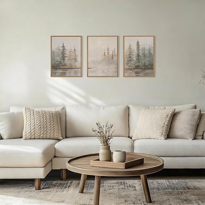 HPNIUB Modern Misty Pine Tree Framed Wall Art Set,Neutral Abstract Landscape Wall Decor,Nature Foggy Forest Art Print,Textured Beige Rustic Farmhouse Artwork for Living Room, Bedroom,Office-12 x16 x3